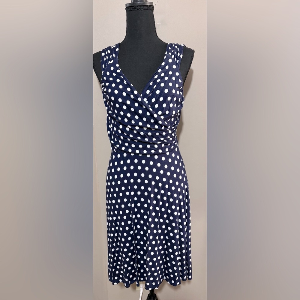 VENUS Blue and White polka dot Sleeveless  Dress V-Neck Midi. Size S. NWOT.